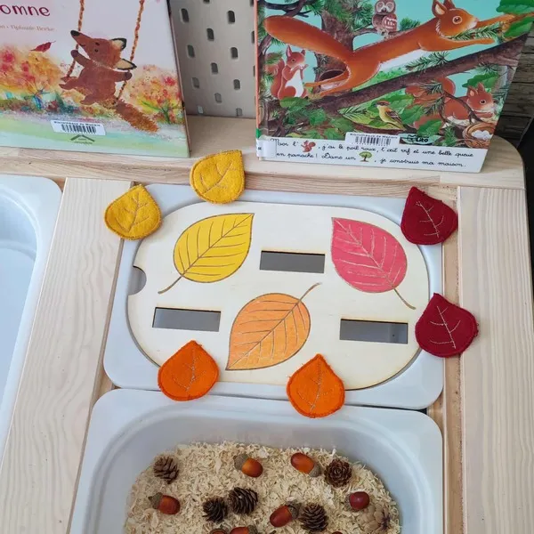 Plateau sensoriel d’automne Montessori avec feuilles en feutrine à associer et bac sensoriel nature