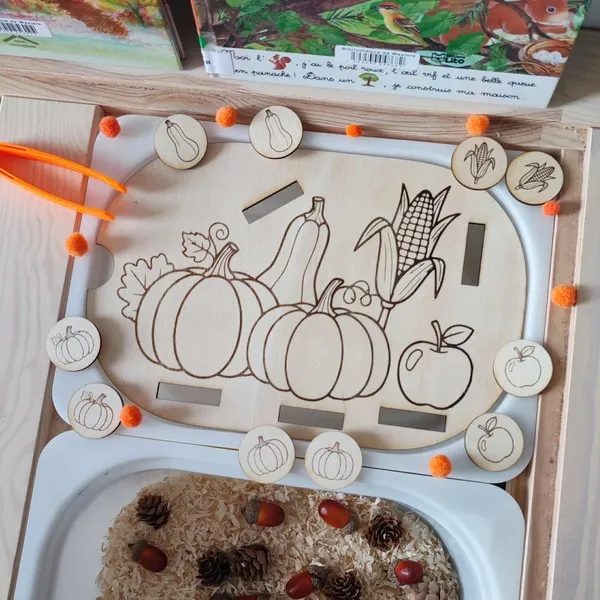 Plateau sensoriel en bois thème automne avec jetons à trier représentant des légumes et fruits de saison