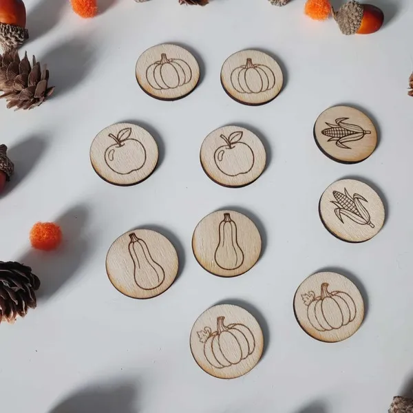Jetons ronds en bois gravés de fruits et légumes d’automne pour activités éducatives Montessori