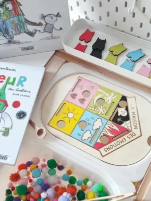 Jeu éducatif en bois “La maison des émotions” accompagné du livre “Le monstre des couleurs” et de pompons sensoriels colorés