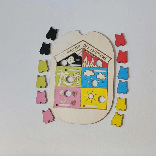 Jeu éducatif en bois “La maison des émotions” avec monstres colorés pour apprendre à reconnaître et classer les sentiments