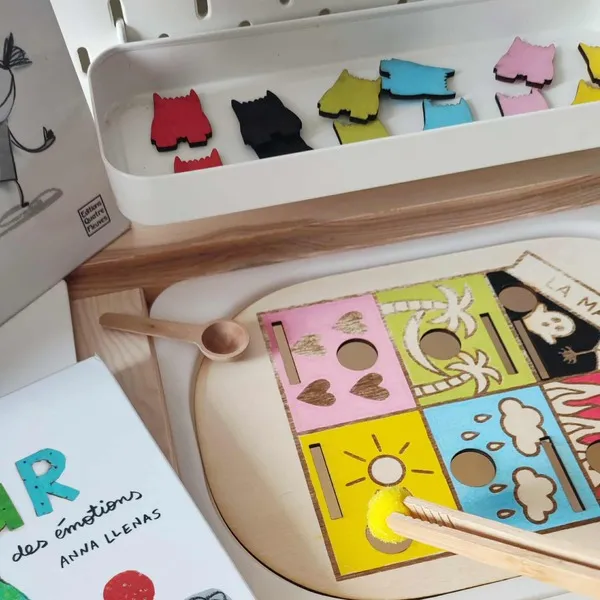 Activité Montessori “La maison des émotions” avec monstres colorés et manipulation sensorielle en bois