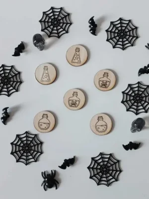 Jetons en bois gravés fioles de potion pour activité sensorielle Halloween Montessori