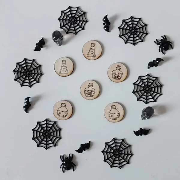 Jetons en bois gravés fioles de potion pour activité sensorielle Halloween Montessori