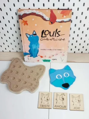 Atelier éducatif sur les émotions du loup avec plateau de motricité fine, cartes en bois et masque en feutrine bleue inspiré de l’album Loulou chanteur de charme