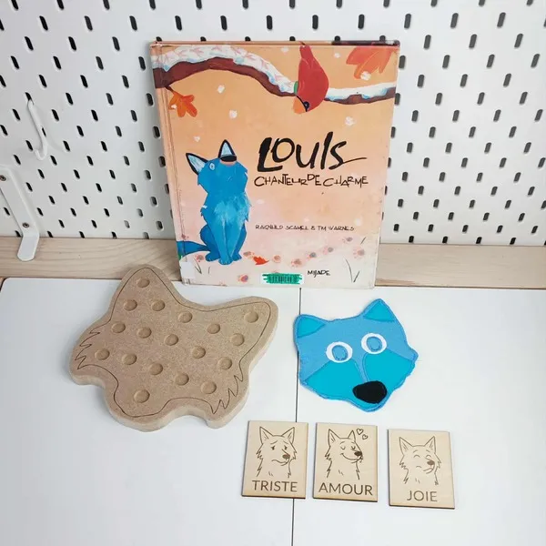 Atelier éducatif sur les émotions du loup avec plateau de motricité fine, cartes en bois et masque en feutrine bleue inspiré de l’album Loulou chanteur de charme