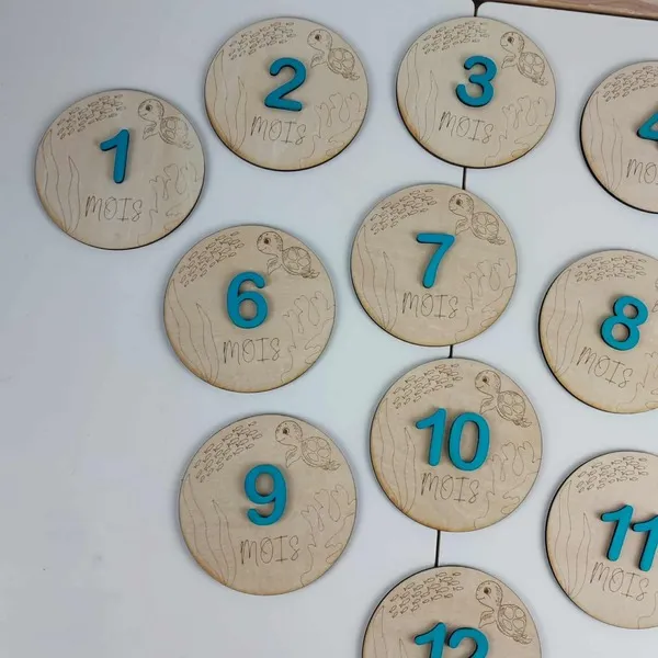 Disques étapes en bois numérotés de 1 à 12 mois, décorés d’une gravure marine pour suivre la croissance de bébé