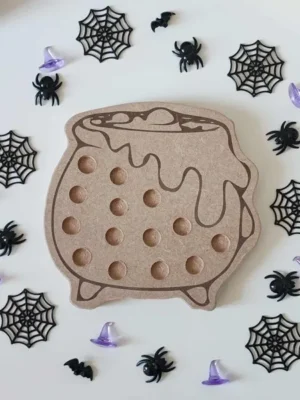 Plateau sensoriel en bois en forme de chaudron pour activités d’Halloween