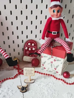 Décor de Noël avec lutin farceur, pancarte en bois “Miam des crottes de renne” et mise en scène enneigée avec accessoires rouges et dorés
