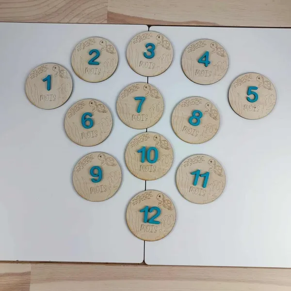 Disques en bois gravés avec les chiffres de 1 à 12 mois pour suivre l’évolution de bébé mois après mois