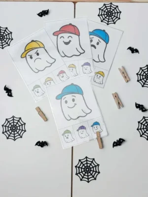 Cartes d’émotions Halloween avec petits fantômes colorés et chapeaux, activité éducative pour enfants sur les émotions et les expressions