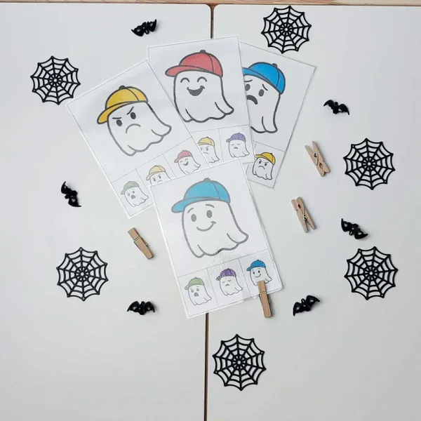 Cartes d’émotions Halloween avec petits fantômes colorés et chapeaux, activité éducative pour enfants sur les émotions et les expressions