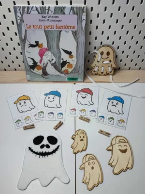 Activités éducatives autour du livre “Le tout petit fantôme” avec supports en bois, cartes émotions et fantôme en feutrine