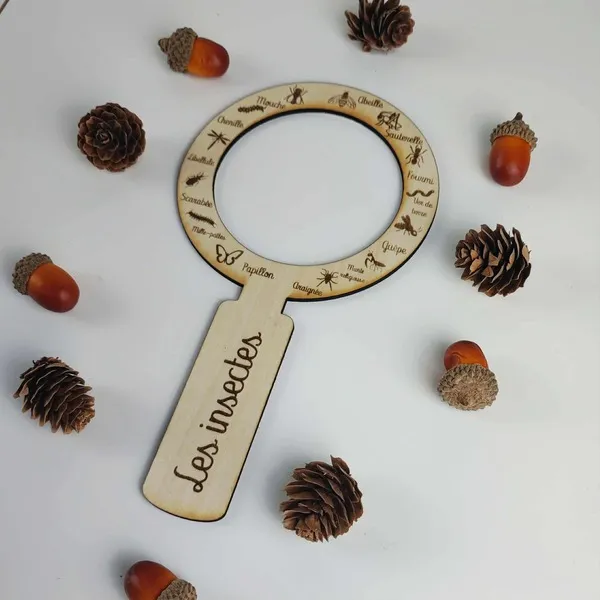 Loupe éducative en bois gravée “Les insectes” pour explorer la nature et reconnaître les petites bêtes
