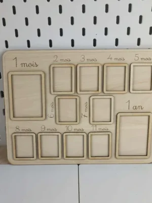 Cadre souvenir en bois gravé pour photos mensuelles de bébé de 1 mois à 1 an
