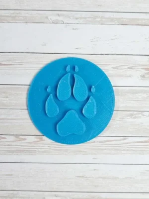 Empreinte de renard bleue imprimée en 3D, forme ronde en PLA biodégradable pour activités sensorielles et jeux éducatifs sur les animaux