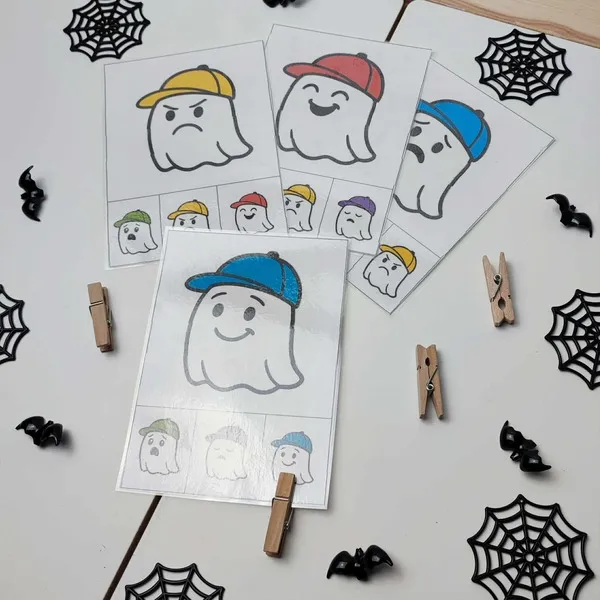 Cartes d’émotions fantômes Halloween plastifiées, activité éducative pour enfants avec expressions de joie, colère et tristesse
