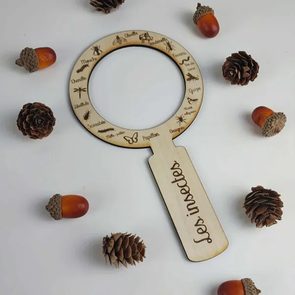 Loupe sensorielle en bois gravée “Les insectes” pour apprentissage nature Montessori