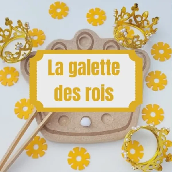Catégorie Galette des Rois – Activités Montessori en bois avec plateau couronne, pinces et mini couronnes dorées pour enfants