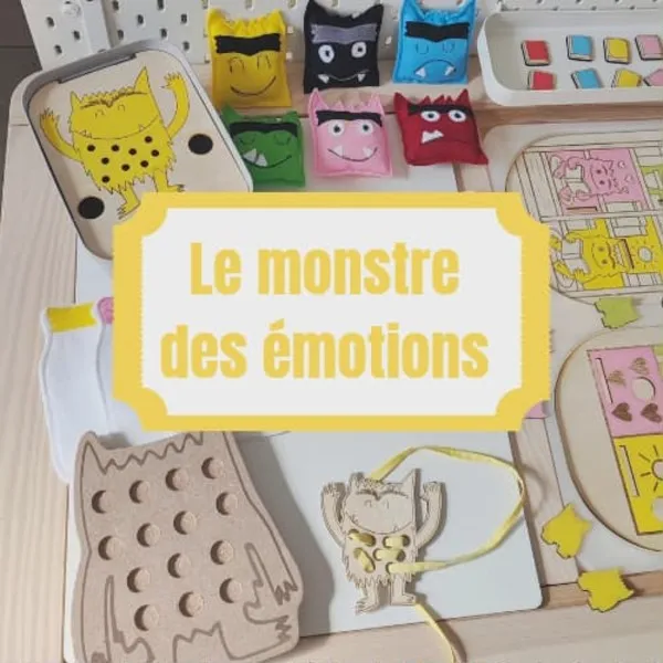 Activité éducative Montessori inspirée du monstre des émotions avec supports en bois, figurines colorées en feutrine et jeux de motricité fine