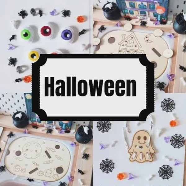 Activités Montessori sur le thème d’Halloween avec plateaux en bois gravés, accessoires sensoriels et décorations de fantômes et araignées