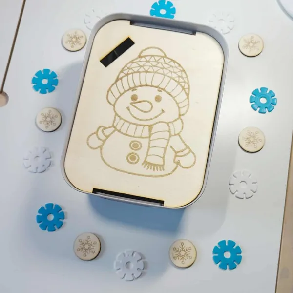 Couvercle magnétique en bois illustré d’un bonhomme de neige, accessoire décoratif pour boîte sensorielle Montessori sur le thème de l’hiver