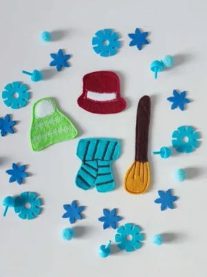 Accessoires en feutrine colorée pour habiller un bonhomme de neige, entourés de flocons et pompons bleus pour activité Montessori d’hiver