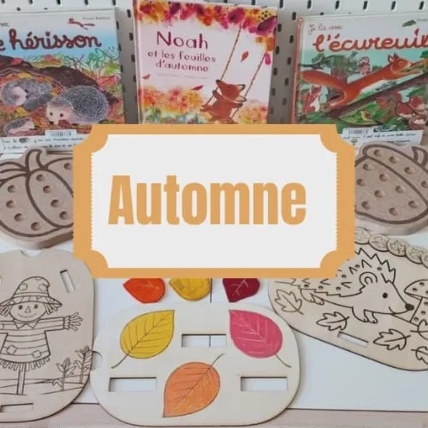 Activités Montessori sur le thème de l’automne avec plateaux en bois gravés, feuilles colorées et livres jeunesse sur les animaux de la forêt