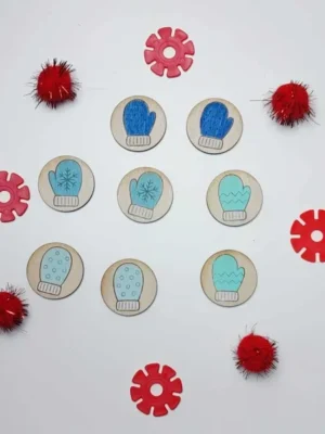 Jetons en bois illustrés de moufles bleues pour activité d’association thème hiver
