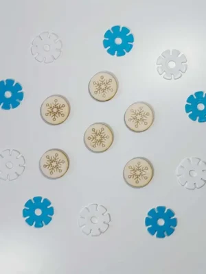 Jetons en bois gravés de flocons de neige et pièces plastifiées bleues et blanches, accessoires sensoriels pour activités Montessori d’hiver