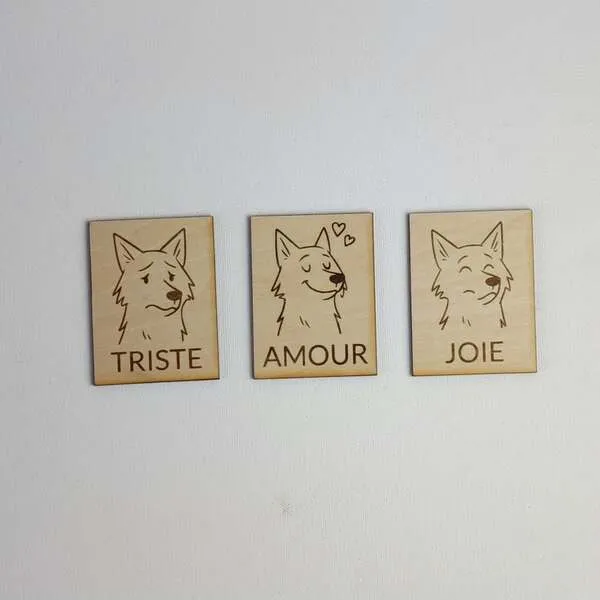 Cartes émotions loup en bois avec expressions triste amour et joie pour enfant