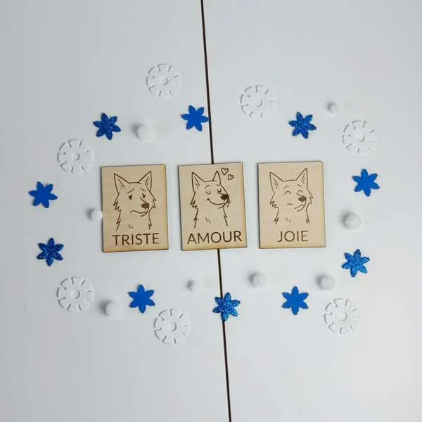 Cartes émotions loup en bois avec décor hivernal pour activité éducative enfant