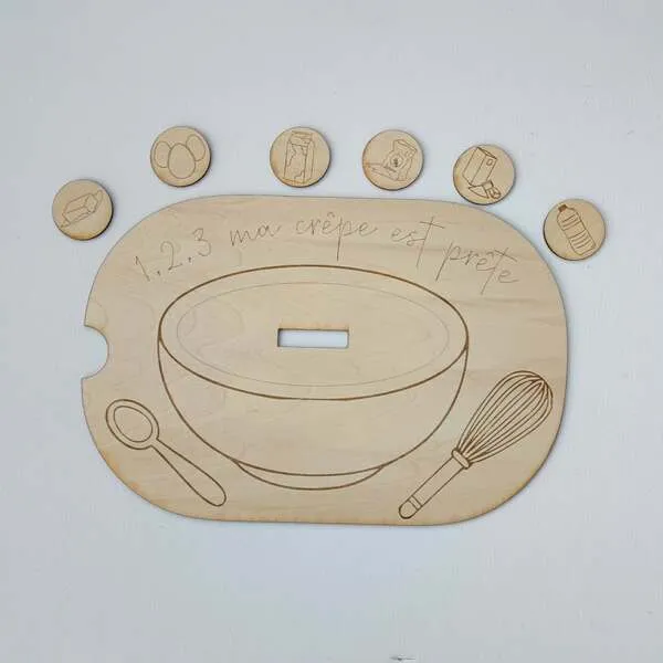 Plateau pédagogique crêpes en bois avec jetons ingrédients pour activité éducative enfant