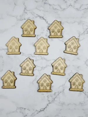 Lot de jetons en bois gravés représentant des maisons de Noël, décor hivernal