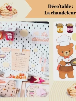 Décoration de table enfant Chandeleur avec ours cuisinier, recette des crêpes et supports ludiques
