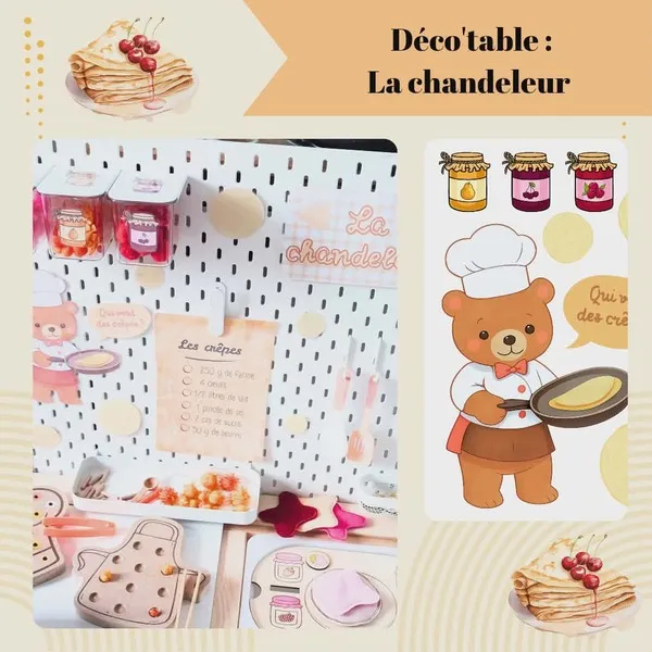 Décoration de table enfant Chandeleur avec ours cuisinier, recette des crêpes et supports ludiques