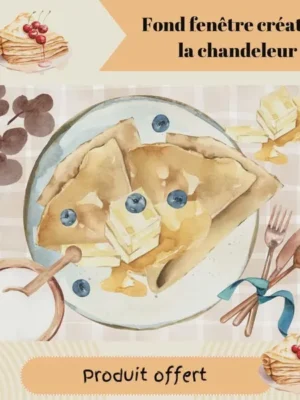 Fond fenêtre créative Chandeleur illustré avec crêpes, beurre et ingrédients de cuisine