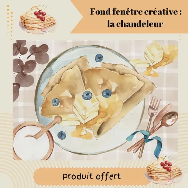Fond fenêtre créative Chandeleur illustré avec crêpes, beurre et ingrédients de cuisine