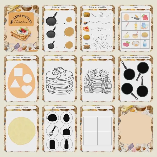 Aperçu des activités du livret Chandeleur enfant avec graphisme, loto, puzzle et coloriage