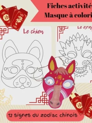 Masques à colorier du Nouvel An chinois représentant les signes du zodiaque chinois à imprimer pour enfants