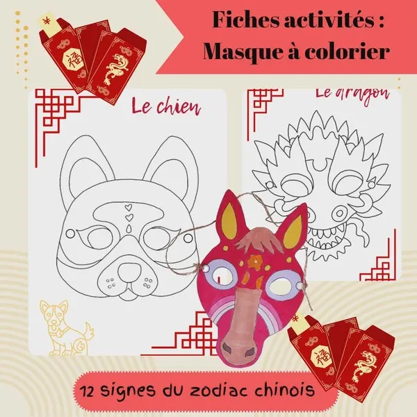Masques à colorier du Nouvel An chinois représentant les signes du zodiaque chinois à imprimer pour enfants