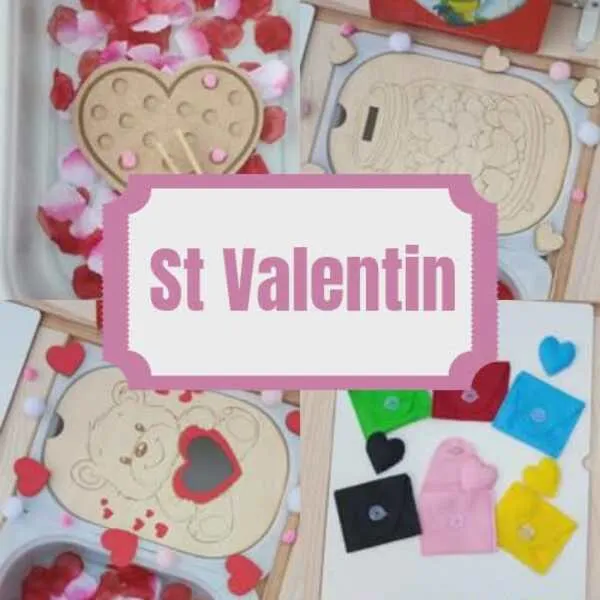 Sélection d’activités sensorielles et plateaux en bois pour enfants sur le thème de la Saint-Valentin