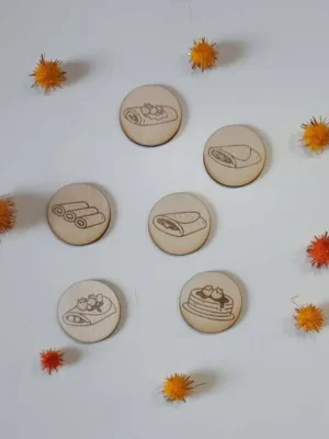 Jetons en bois Chandeleur avec illustrations de crêpes et garnitures