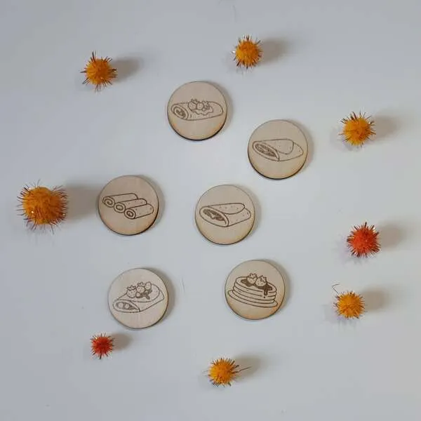 Jetons en bois Chandeleur avec illustrations de crêpes et garnitures