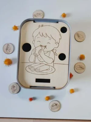 Support pédagogique Chandeleur en bois avec enfant mangeant une crêpe et jetons illustrés