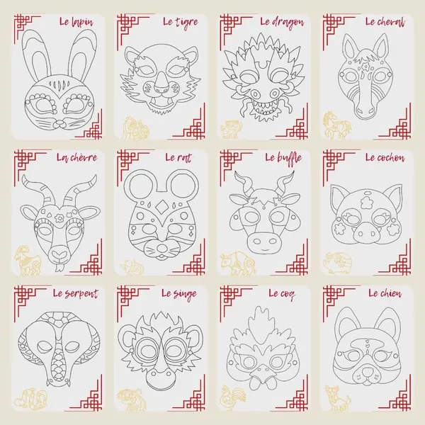 Masques à colorier des 12 signes du zodiaque chinois à imprimer pour activité du Nouvel An chinois enfant