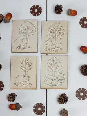 Cartes en bois illustrées ours et saisons de la forêt pour activité sensorielle enfant