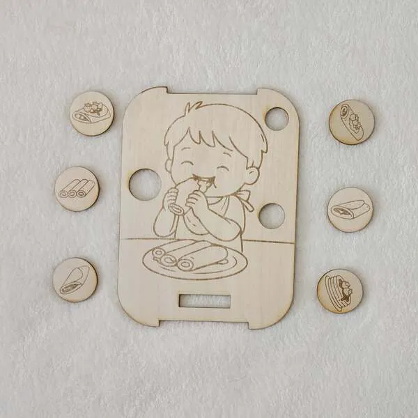 Support pédagogique Chandeleur en bois avec enfant mangeant une crêpe et jetons illustrés