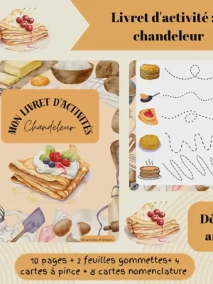 Livret d’activités Chandeleur pour enfant avec jeux de graphisme et crêpes illustrées
