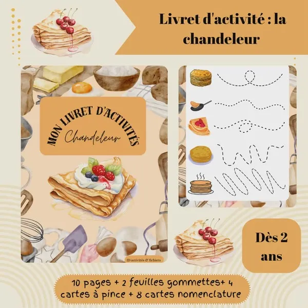 Livret d’activités Chandeleur pour enfant avec jeux de graphisme et crêpes illustrées